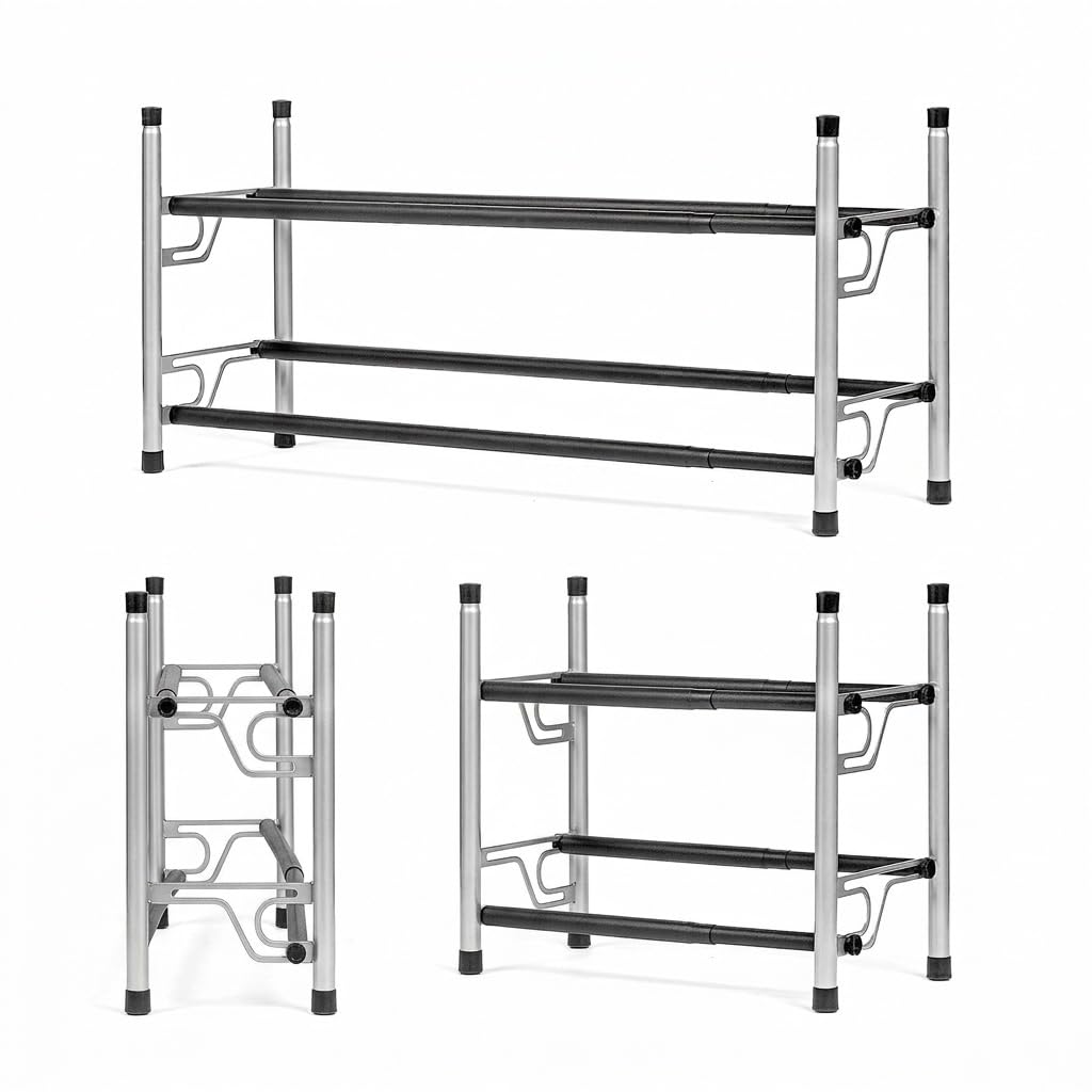 USTECH Erweiterbares Schuhregal, 2 Etagen, verstellbares Schuhregal, Aufbewahrung, Organizer, stapelbar, verstellbar, stehend, Metall-Schuhregal, Organizer, Aufbewahrung, legierter Stahl, Schuhregal