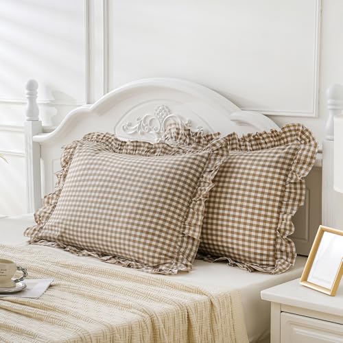 2 Pack Taupe White Plaid Gingham Ruffle Pillow Shams Standard Size 20x26 inches, 100% Washed Cotton Checkered Farmhouse Pillow Covers for Bed/Sofa (20x26 inches,Taupe/White Plaid)