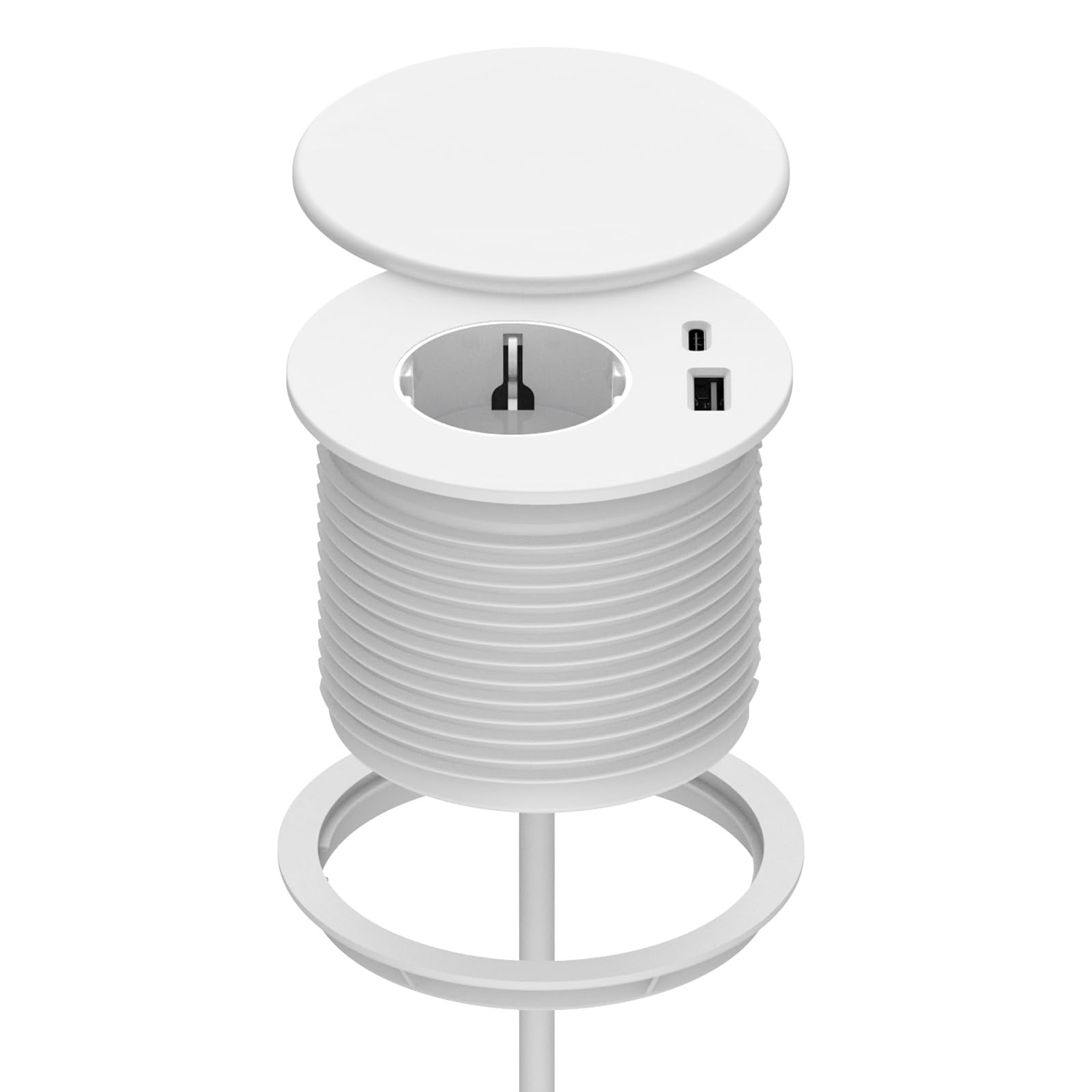 Einbausteckdose mit USB C, Dinolink Steckdose Schreibtisch für 80mm Tischloch, Tischsteckdose mit Deckel, 1 Schuko, 2 USB Anschluss, 1,5m Netzkabel, für Möbel Tischplatte