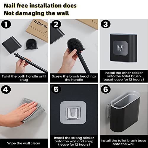 Toilet Brush,Bathroom Silicone Toilet Brush,With Holder Wall Mounted,with No-Slip Long Handle,Drying,Professional Deep Cleaning toilet brushes for bathroom (black) - Image 3