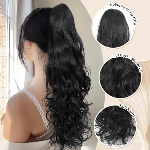 Image of 24 inch Ponytail Extension, Long Curly Wavy Claw Clip and Natural-Looking Synthetic Hairpiece, Voluminous Pony TailHair Extensions for Women Daily Wear. (Black, 24Inch)
