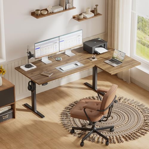 Image of Agilestic 63 Inch Reversible L Shaped Standing Desk, Electric Height Adjustable Desk with Memory Preset, Sit Stand Up Computer Workstation for Home Office, Splice Board, Dark Walnut
