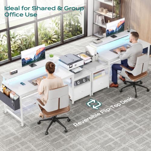 Image of EnHomee 56.5 inch Office Desk with Drawers & Printer Space for Home Work,White | Computer Desk with 3 AC Outlets& 2 USB Ports,Waterproof LED Strip Lights,Monitor Stand & Side Pockets,Home Office,Bedroom