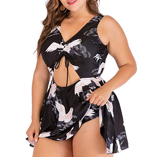 Wellwits Women's Plus Size Cutout Swim Dress Swimsuit Crane Print XL