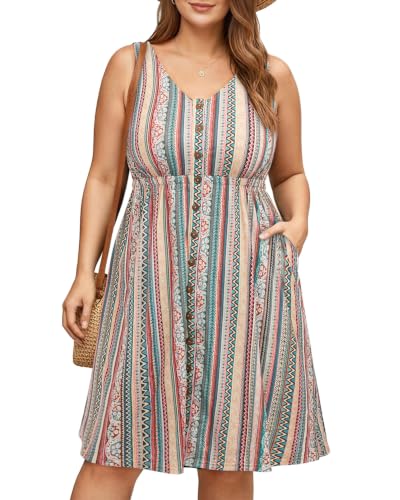 Image of Holipick Women's Plus Size Summer Dresses for Women Casual Dress with Pockets A-Line Swing Button Down Sleeveless V Neck