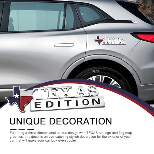 Image of 2 PCS Texas Edition Emblem, Texas State Flag Shape, 6.3 inch x 1.9 inch ABS 3D Car Badge, Self-Adhesive Decal for Fender, Side Door, Universal Fit for Cars, Trucks, SUVs (Silver)