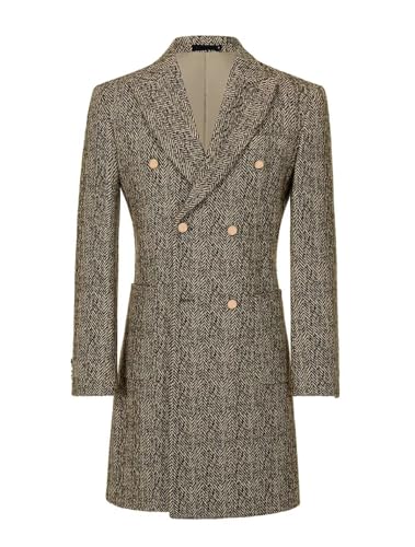 Fxzpiodi Mens Trench Coats Wools Herringbone Tweed Winter Long Jacket Blazer Men Lapel Collar Peacoat for Prom Business Party