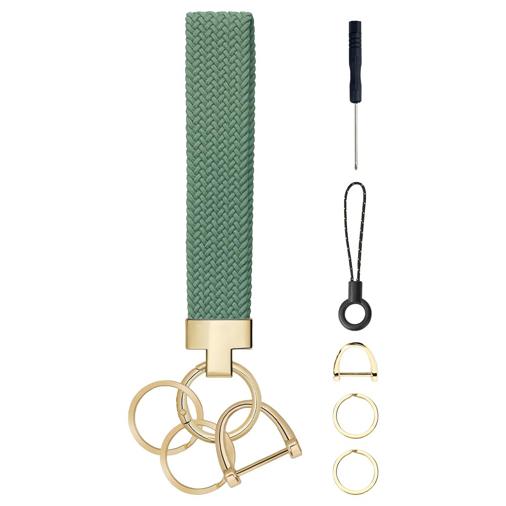 Rohxyzo Braided Wristlet Keychain, Stretchy Wrist Lanyard with 2 Keyrings & D-Ring, Handmade Car Keyring for Women & Men (Olive Green)