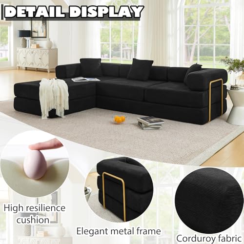 Image of HANXIN 108 inch Modular Sectional Sofa,Futon Convertible Sofa Bed,Oversized Corduroy Boneless Couch for Living Room,Floor Loveseat Sleeper with Pull Out Bed,Free Combination,No Assembly Required (Black)