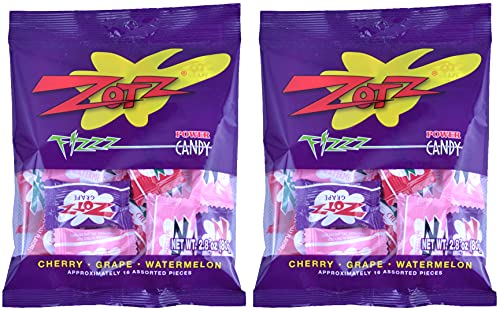 Zotz Assorted Hard Candy With Fizzy Powder Inside - Cherry, Grape, And Watermelon - 2.8 oz Retail Pack (Pack of 2)