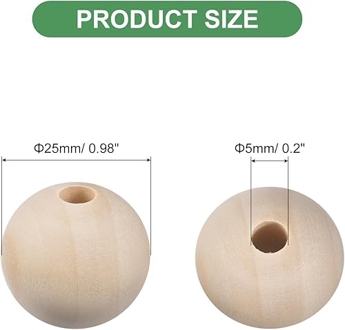 Miniatura 2 de uxcell 60 cuentas espaciadoras de madera natural de 0.98 pulgadas (0.984 in), agujero grande sin acabar, cuentas de madera redondas sin terminar