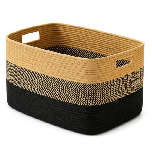 Image of 12.8GAL Kids Stuffed Animal Toy Storage Organizer, Cute Mini Nursery Laundry Basket for Baby Girls Boys Dirty Clothes, Picture Books, Small Cotton Rope Wicker Hamper for Bathroom Towels Khaki Black