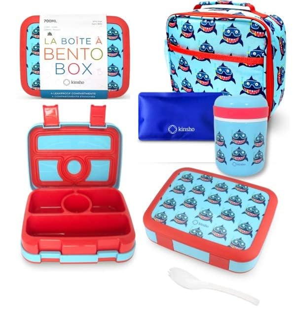 Bento Lunch Box with Thermo Set for Kids, 4 Compartment Bento-Box, Insulated Lunch Bag, Stainless Steel Food Jar, Baby Blue Shark