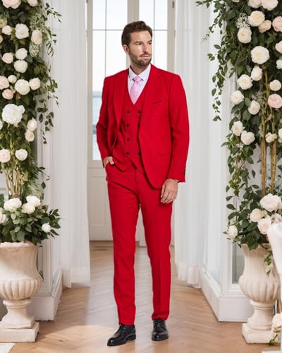 YND Men's 3 Piece Slim Fit Suit Set, One Button Peak Lapel Solid Business Blazer Jacket, Double Breasted Vest Pants and Tie2