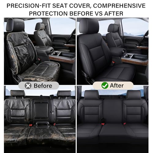 Image of Coverado Chevy Silverado Seat Covers Full Set, Faux Leather Car Seat Covers Fit for 2014-2018 1500, 2015-2019 2500HD 3500HD Chevy Silverado GMC Sierra Crew Double Extended Cab (Black)