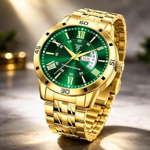 Image of TIMEWORKS Stainless Steel Designer Golden Round Shape Day & Date Dial Men's & Boy's Analog Watch, Band Color:Gold