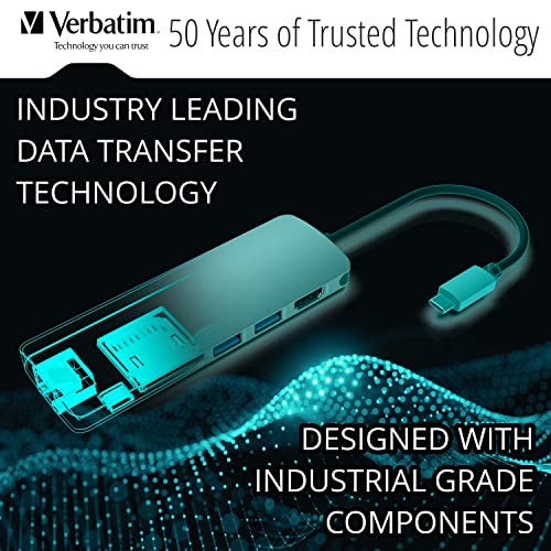 Image of Verbatim 6-in-1 USB C Hub Adapter with Dongle - 100W Power Delivery, USB 3.0 Ports, SD Card Readers, 3.5mm Audio Port for USB C Laptops