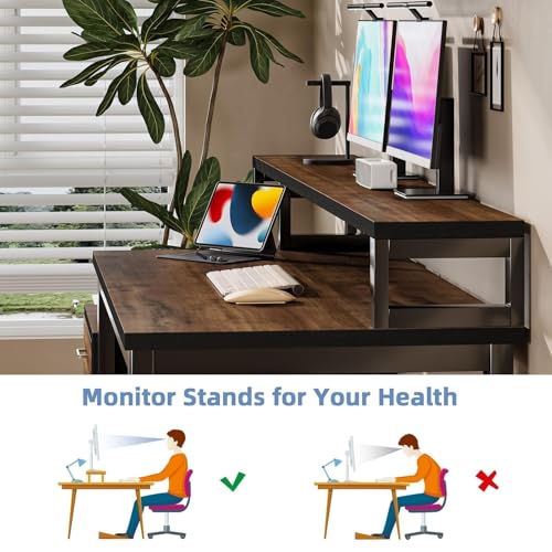 Image of MaverickFurni 67'' Computer Desk with 3 Drawers, Home Office Desk with Printer Shelf and Monitor Stand, Gaming Desk with LED Lights, Black and Walnut