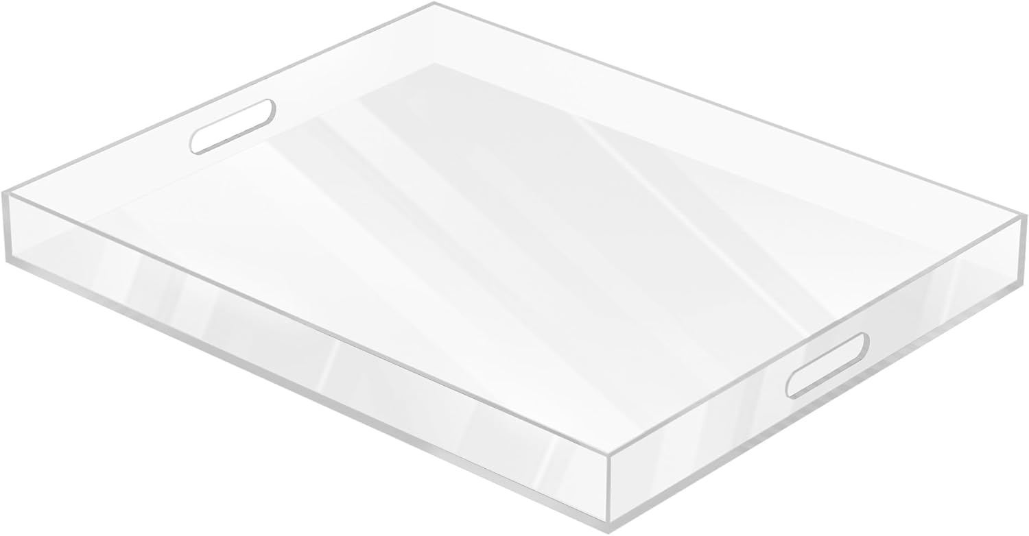 MAONAME Acrylic Serving Tray with Handles, 20"x16" Rectangular Clear Tray, Ottoman Decorative Trays, Coffee Table Trays for Countertop, Living Room, Office 20" x 16" x 2"