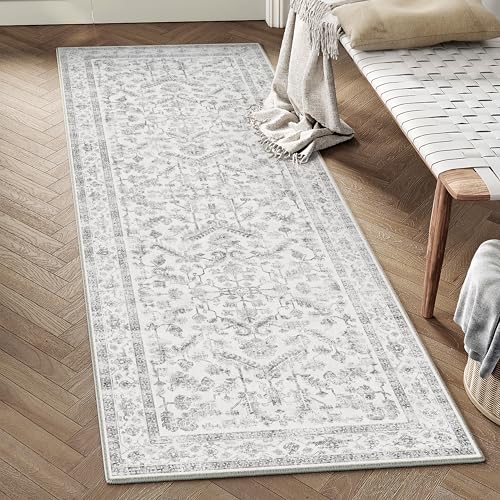 PureCozy Vintage Tapis Couloir 60x180cm Gris Passage Cuisine Antidérapant Lavable en Machine Doux Long Carpet Descente de Lit Chambre Adulte Poil Ras Rug