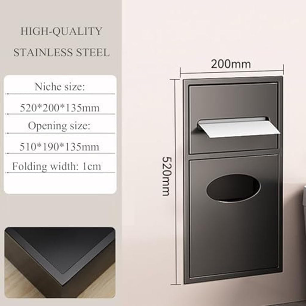 Stainless Steel Built-in Shower Niche, Decoration Storage Cabinets Caddies Toilet Paper Storage Rack, Bathroom Niche with Trash for Kitchen Living Room Bedroom Hotel, Grey 20X52X13.5cm