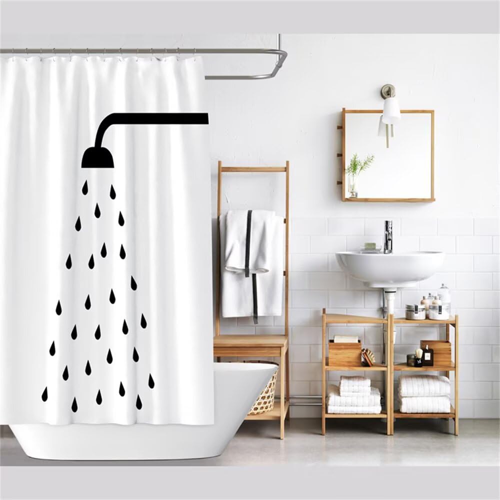 Tenda Doccia 200 x 240 cm, Tenda per Doccia Bianco e Nero Antimuffa Impermeabile, Tende per Vasca da Bagno con Ganci, Tessuto in Poliestere Gocce di Pioggia shower Curtain con Orlo Ponderato (LB2018)