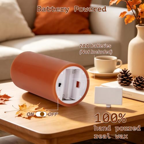 Image of Orange Flameless Candles with Remote, Fall Battery Operated Wax Candles | Flickering Autumn Harvest Pillar Candles, Decorative LED Candles for Fall, Thanksgiving, Halloween Home Party Decor, 3 Pack