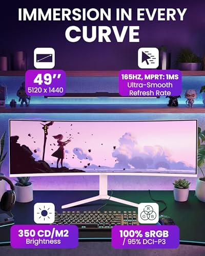 Image of Arozzi Curved Gaming Monitor Nova 49 inch VA 165Hz - Computer Monitor Ultrawide QHD 1440p - Adaptive Sync, HDR10 & Flicker Free Display - 100% sRGB Color Accuracy - PC & Console Ready - Pink