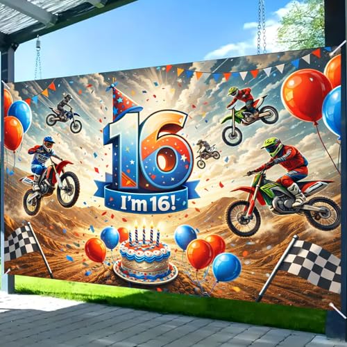 Image of Nuxovilar Happy 16th Birthday Banner Backdrop 71 inchx43 Polyester | Celebrate Party Supplies, Celebration Decor. Dirt Bike Birthday Party Decorations. Yard, Garage, Room. (Dirt Bike 16th)