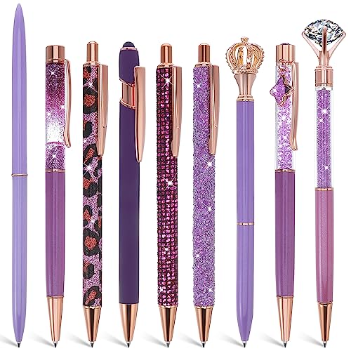 Bewudy 9pcs Bolígrafos Retráctiles, Juego de Bolígrafos Metálicos con Diamantes Bonitos Bolígrafos Estéticos con Purpurina Bolígrafos de Tinta Negra Regalos Maestras Boda Oficina (Púrpura)