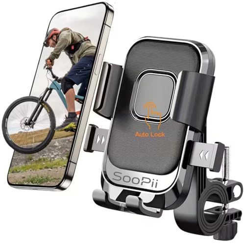 Image of SOOPII Universal Bike Mobile Holder with One Click Locking | Anti-Slip and Adjustable Angle for Motorcycles, Bicycles, E-Bikes,Scooters,Shockproof & Heavy-Duty Handlebar Mount for All Smartphones
