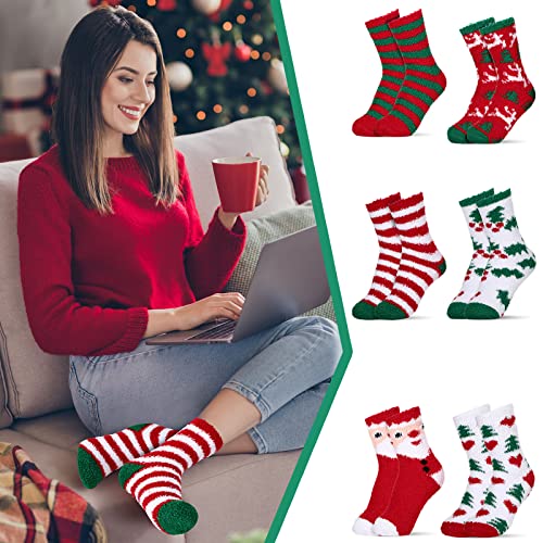 Image of Haysandy 6 Pairs Christmas Fuzzy Socks Gifts Bulk Xmas Holiday Fluffy Socks Women Men Kids Winter Warm Slipper Socks