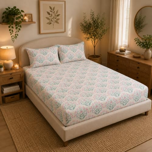 Image of Linen Home Cotton Percale Fitted Bedsheet Set Double Size Sequence Pink