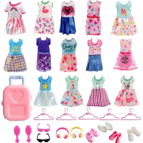 Mini 6 inch Doll Clothes and Accessories Set for Chelsea Dolls Including 14 Fashion Doll Clothes 5 Hangers 4 Shoes 2 Glasses 2 Comb 1 Luggage 1 Earphone for 5.3 - 6 Inch Dolls(Doll not Including)