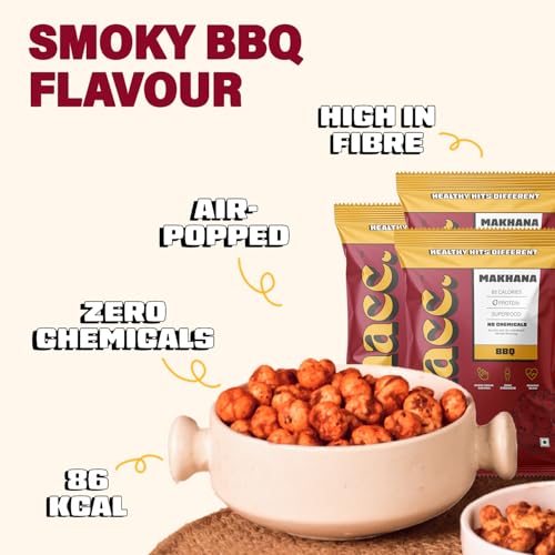 Image of Snacc BBQ Makhana, Spicy Roasted Fox Nuts, Protein Rich, barbecue makhana, Gluten Free, MSG Free, Zero Trans Fat, Zero Sugar, Low Calorie 18 g small pocket (Pack of 4, BBQ)