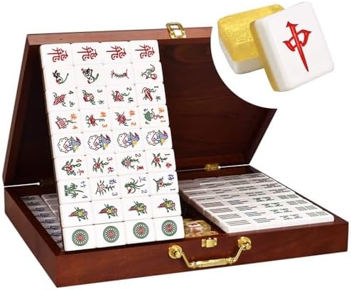 Golden Crystal Singapore Mahjong Set with High-End Wooden Box - 1.45 Inch Acrylic Tiles for Home Entertainment and Family Game Nights