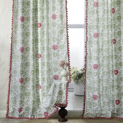 Image of Tranquebar Curtain Co. 244 cm (8 Feet), Green & Pink, 1 Piece, 100% Cotton Fabric, Eyelet- Door Curtain 8 Feet,Eyelets