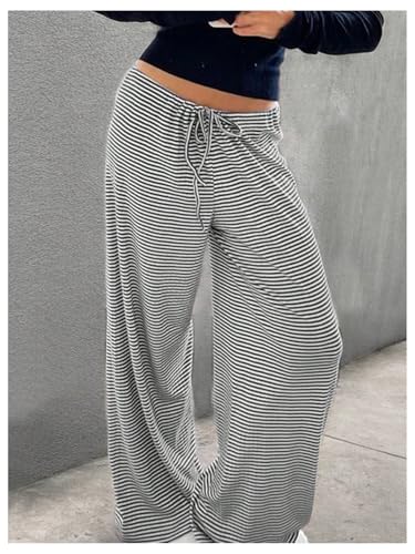 SOLY HUX Women's Striped Pants Drawstring Waist Baggy Wide Leg Pants Long Trousers3