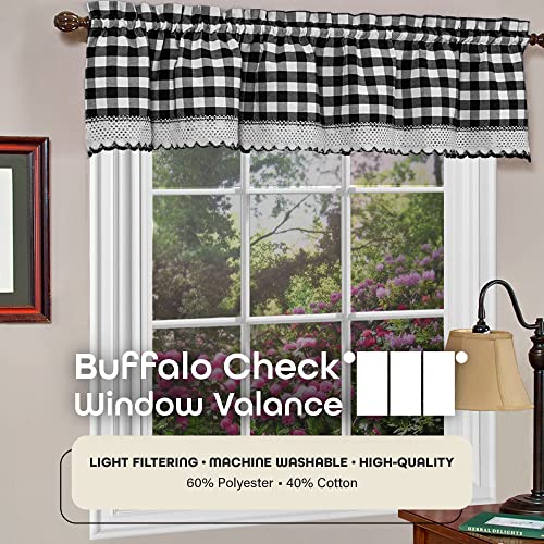 Buffalo Check Valance Window Curtains, 58 Inch Width, 14 Inch Length, Black & White Plaid - Image 2