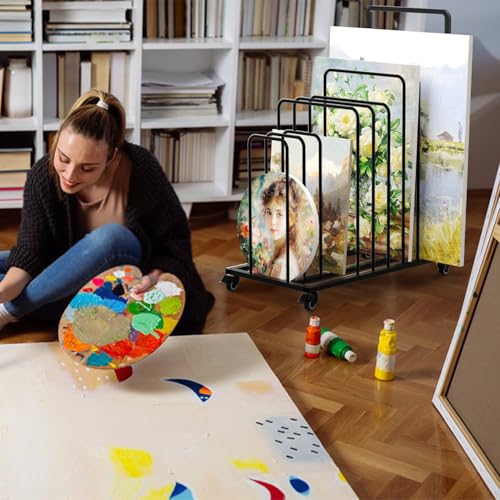 Image of ikare Art Canvas Storage Rack, Black Art Canvas Storage Rack,Art Storage,Metal Canvas Rack Art Storage with Handle & Caster Wheels