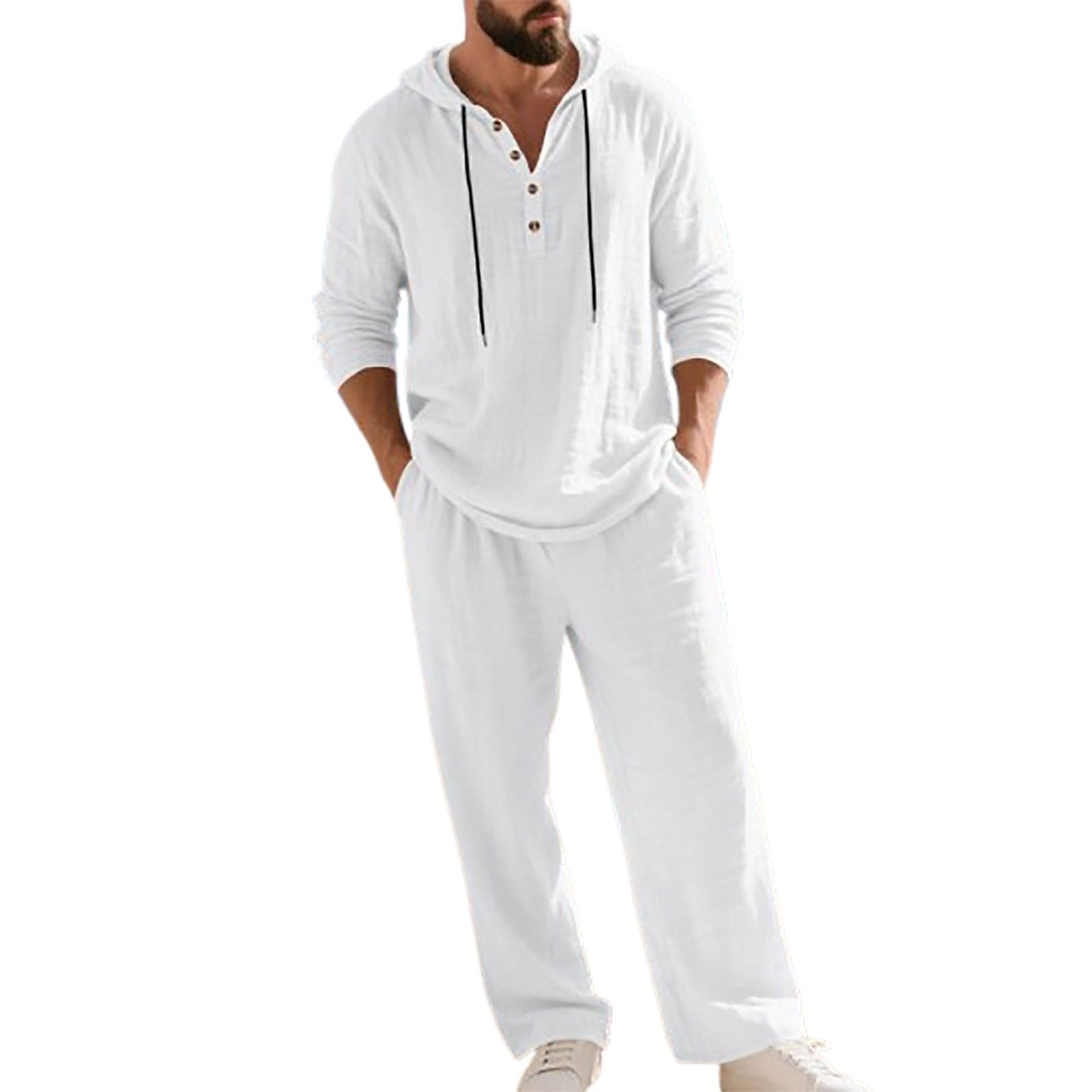 Men's Hooded Casual Loose Top & Pants 2-Piece Set, Hooded Casual Yoga Shirts Long Sleeve Linen Suit