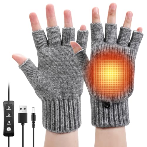 Augot Guantes Calefactables USB,Hombres Mujeres Guantes de Calefacción Eléctrica de Invierno Manopla Guantes Invierno con 3 Temperaturas Ajustables Calentadores de Manos Lavables (Gris)