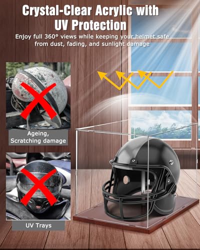 Image of Fitense Full Size Helmet Display Case High Clear Acrylic Wooden Base | 15.4x11x11.8in interior UV shielded box fits football, baseball, motorcycle and racing helmets