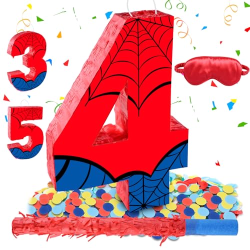 Spider Web Number 4 Pinata,Stick,Blindfold and Confetti Set,Spider Web Birthday Party Supplies,4th Birthday Party Decoration, 28 x 40 x 7cm (4th)