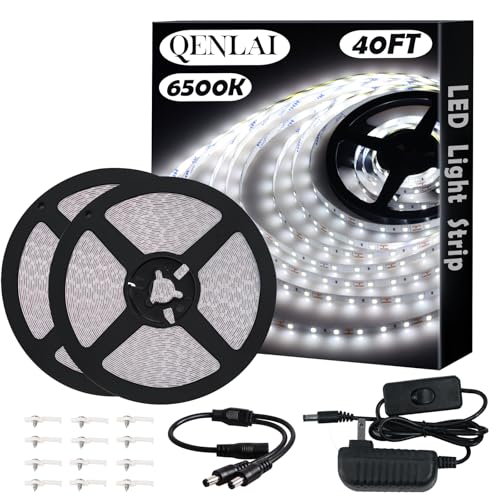 Image of 40ft White LED Light Strip Kit, 6500K Strip Light, 720 LED 12V Flexible Cuttable LED Light Strips for Bedroom Kitchen Under Cabinet Lighting Indoor