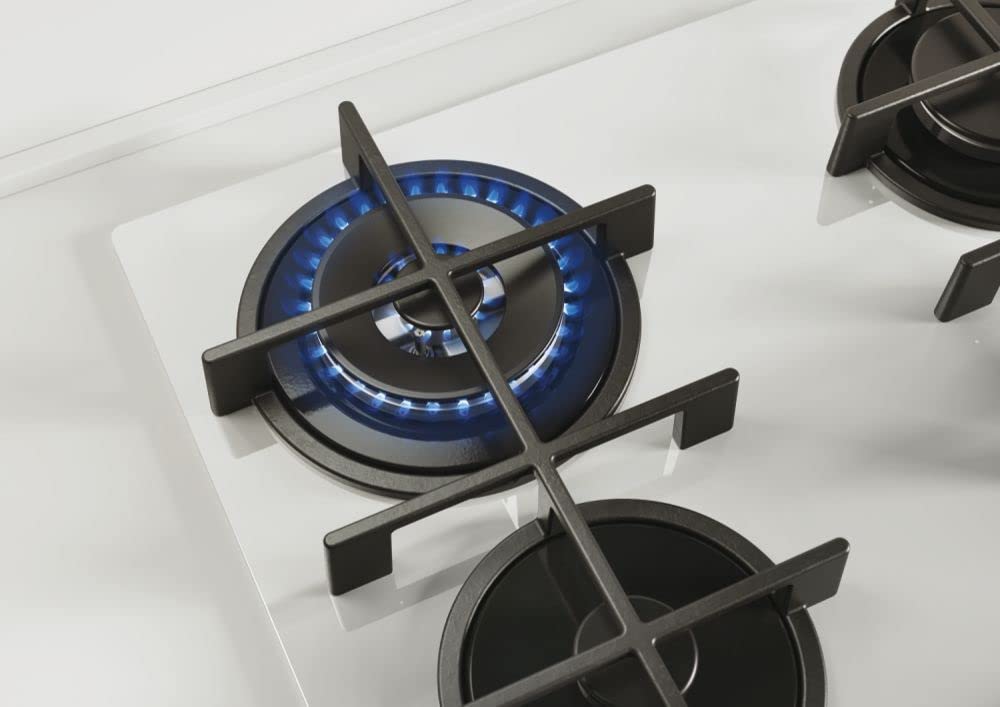 Candy CVG6BR4WPW Piano Cottura a Gas in Vetro Temperato da 60 cm, 4 Fuochi, da Incasso, Griglie in Ghisa, Bruciatore Wok, Valvola di Sicurezza, GPL e Metano, 59,5x51x95 cm, Bianco
