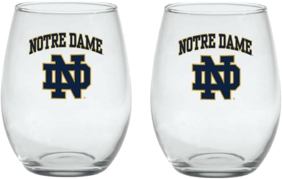 R.F.S.J. Inc Notre Dame Fighting Irish Colored Stemless Wine Glass Set – Full-Color Official Logo – Heavy-Duty Glass Made in USA – Handwash Recommended – Boxed Set of Two, 21 oz