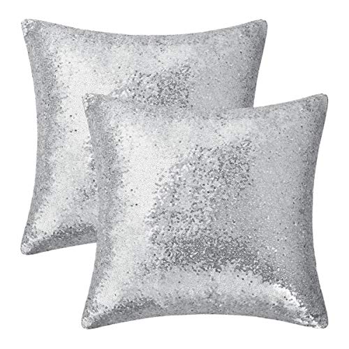 Fascidorm Set of 2 Silver Pillow Covers Sparkling Sequins Pillow Covers Mermaid Sequin Throw Pillow Covers Cushion Covers Pillowcases for Party with Hidden Zipper(Silver,18 x 18 Inch)