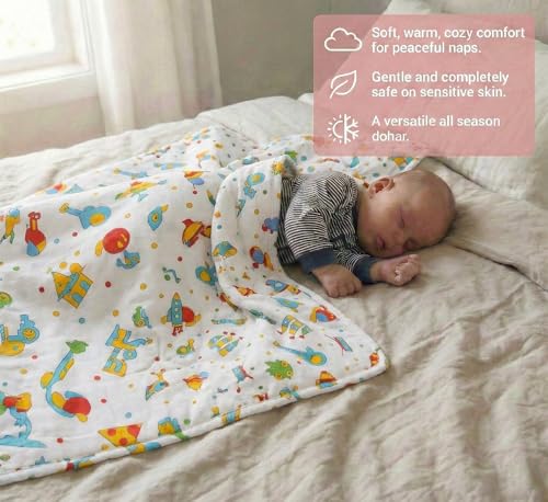 Image of Trance Home Linen Pure Malmal Cotton Multipurpose Baby Dohar | 3-Layered Baby Swaddle | Soft -Lightweight Baby Blanket | Crib Blanket (Age : 0-2 Year - 140cm x 100 cm-Alphabets with Dolls)