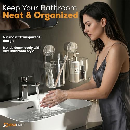 Image of Wall Mounted Toothbrush Holder with Vacuum Suction Lever Lock, No Drill Bathroom Organizer for Toothbrush, Toothpaste & Razor, Strong Hold on Tiles & Glass (Pack of 1) [ND-13812]